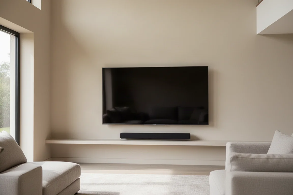 現代客廳,掛牆電視下方放著長身 Soundbar,樓底高挑