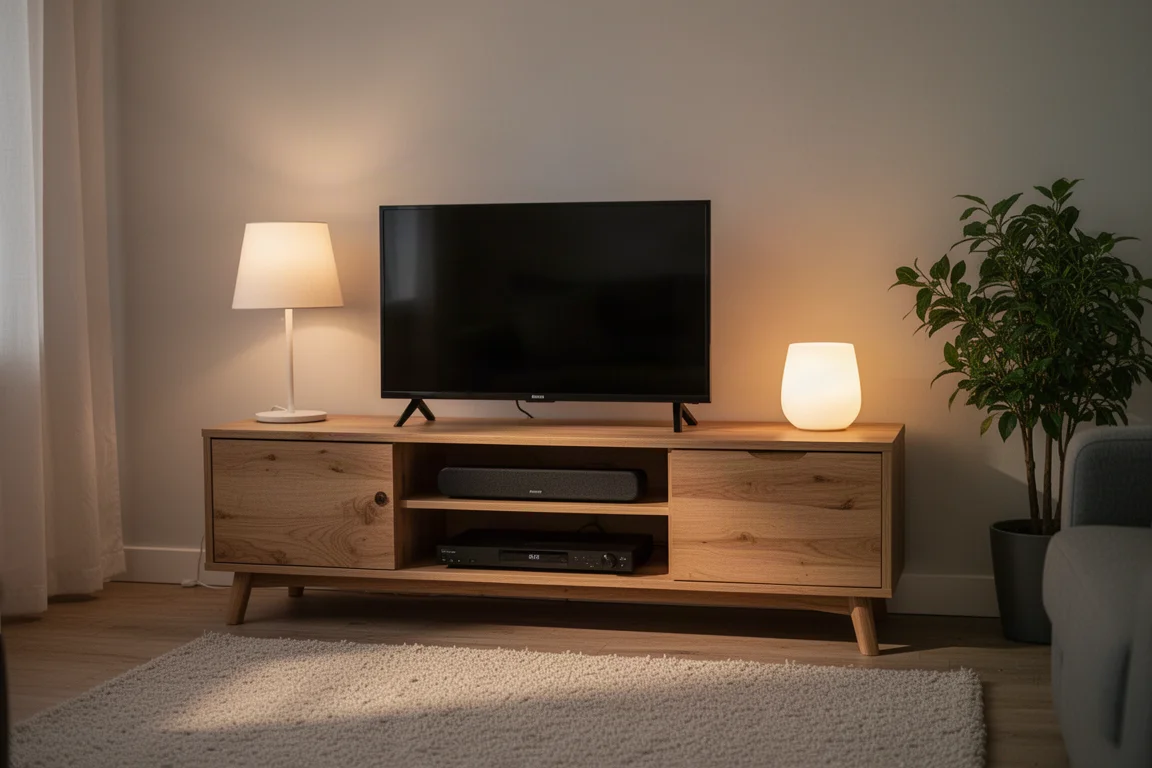 緊湊的公寓客廳,小型電視與低調 Soundbar 置於層架內
