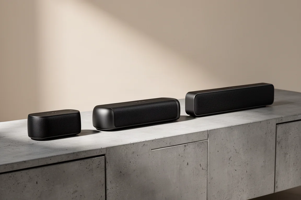 Three slim soundbars of different lengths in a row on a matte concrete media console