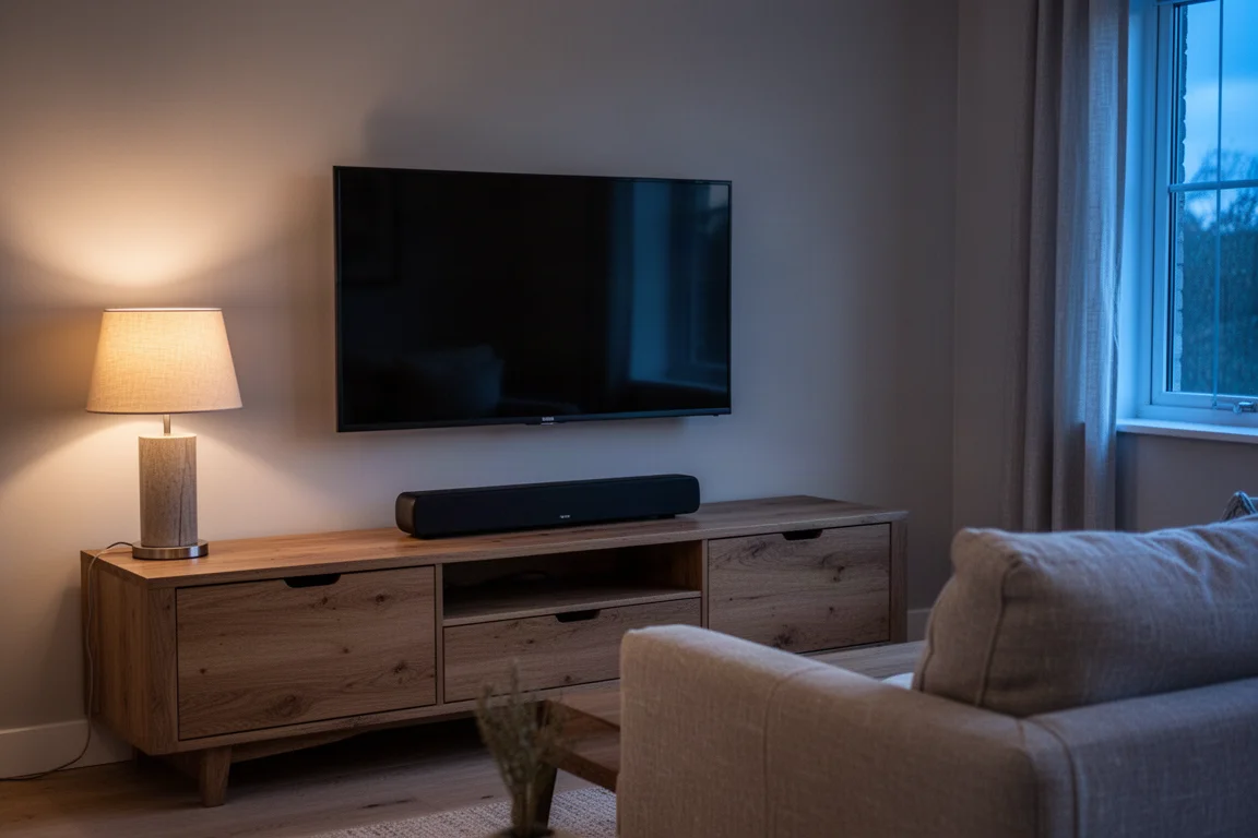 Jasny salon z smukłym soundbarem na drewnianej szafce pod ciemnym telewizorem