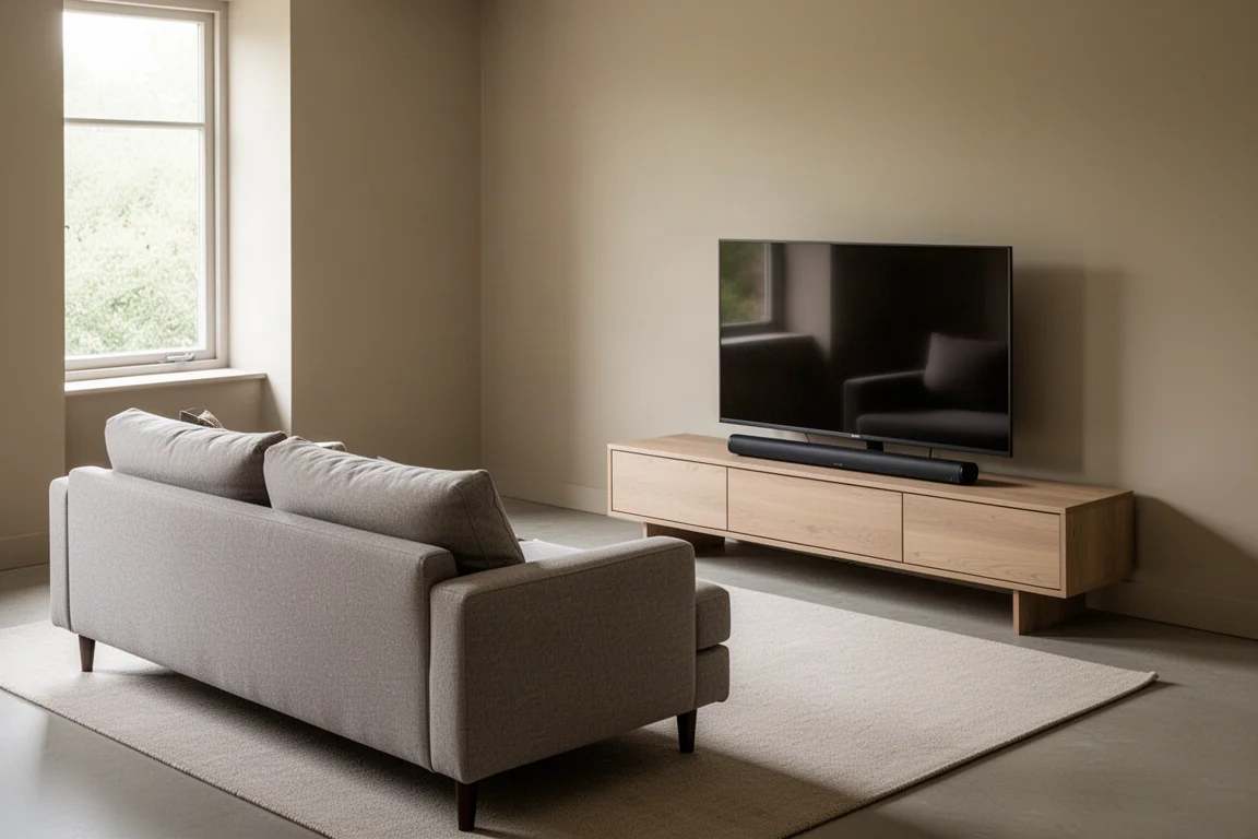 Przyciemniony salon nocą z sofą naprzeciw ciemnego telewizora i smukłym soundbarem