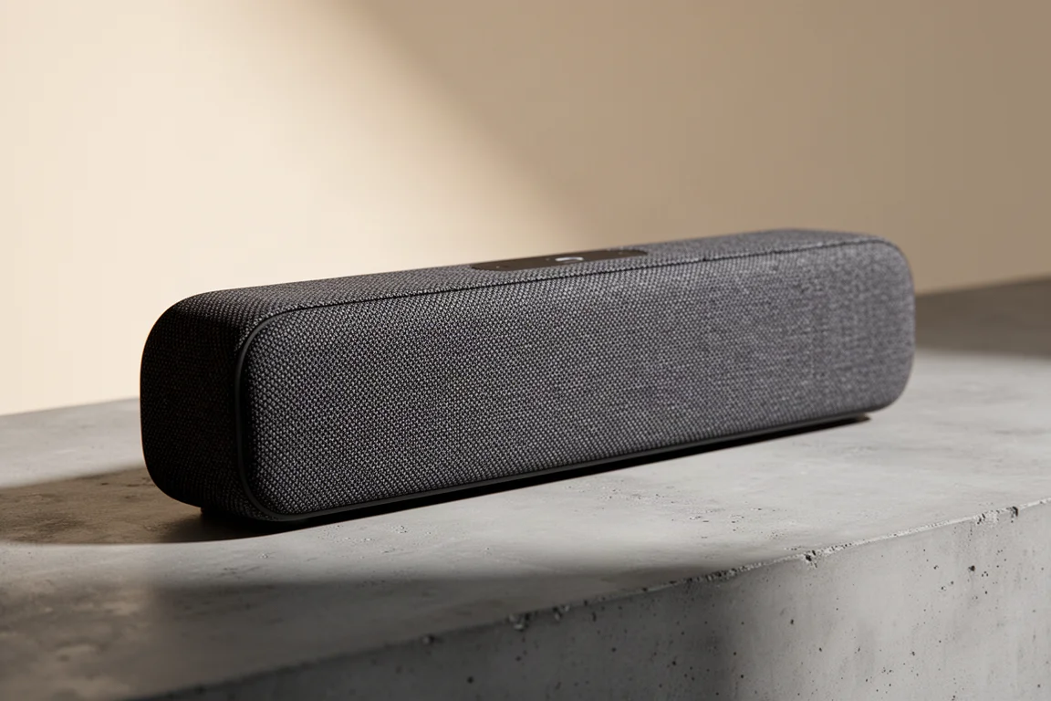Compact soundbar on a walnut media console below a dark television screen