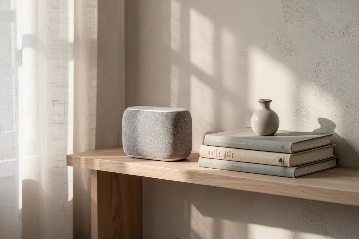 Compacte met stof beklede speaker op een eiken plank naast boeken en een keramische vaas in ochtendlicht