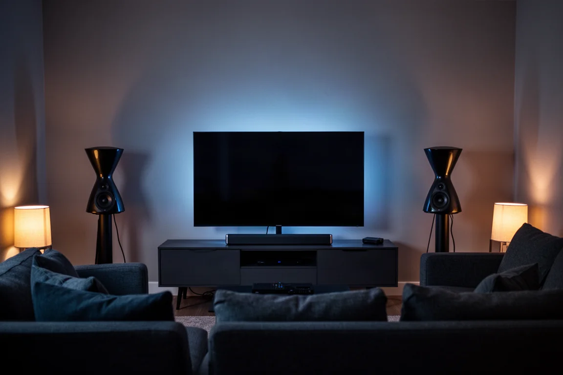 Sfeervolle woonkamer met een televisie, soundbar en twee hoge achterspeakers op standaards