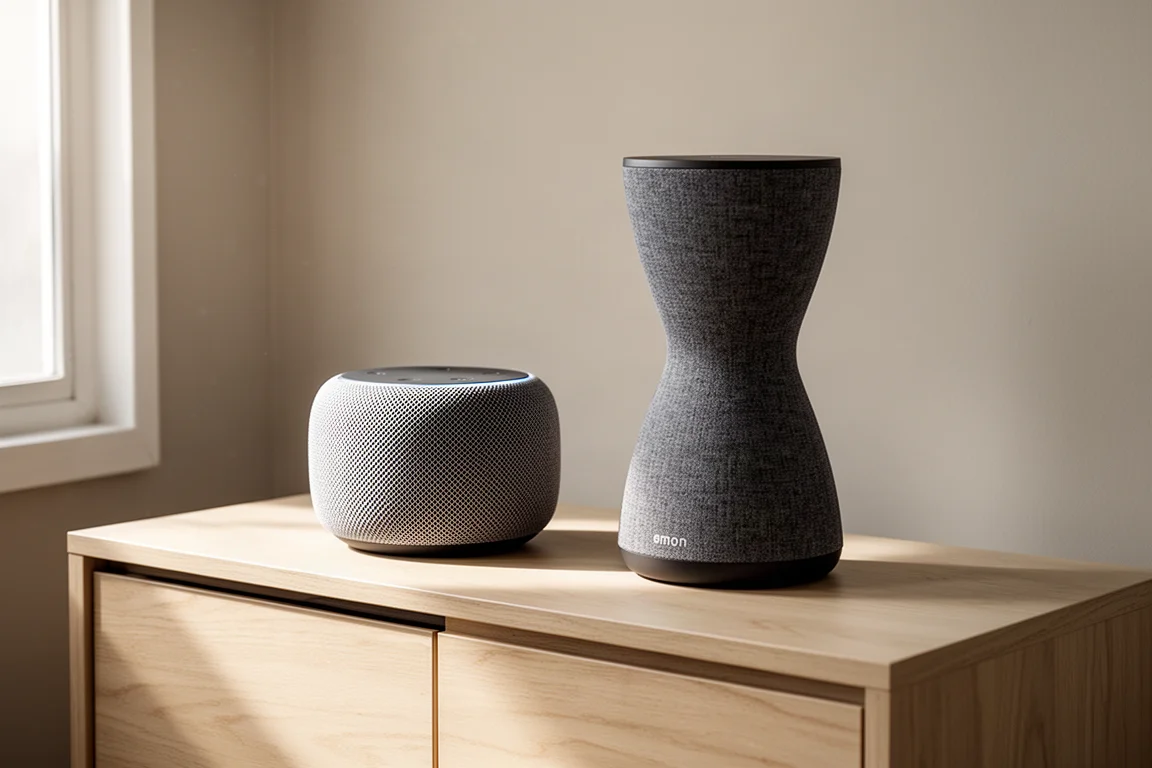 Two home speakers, a compact rounded model and an hourglass-shaped model, on an oak console