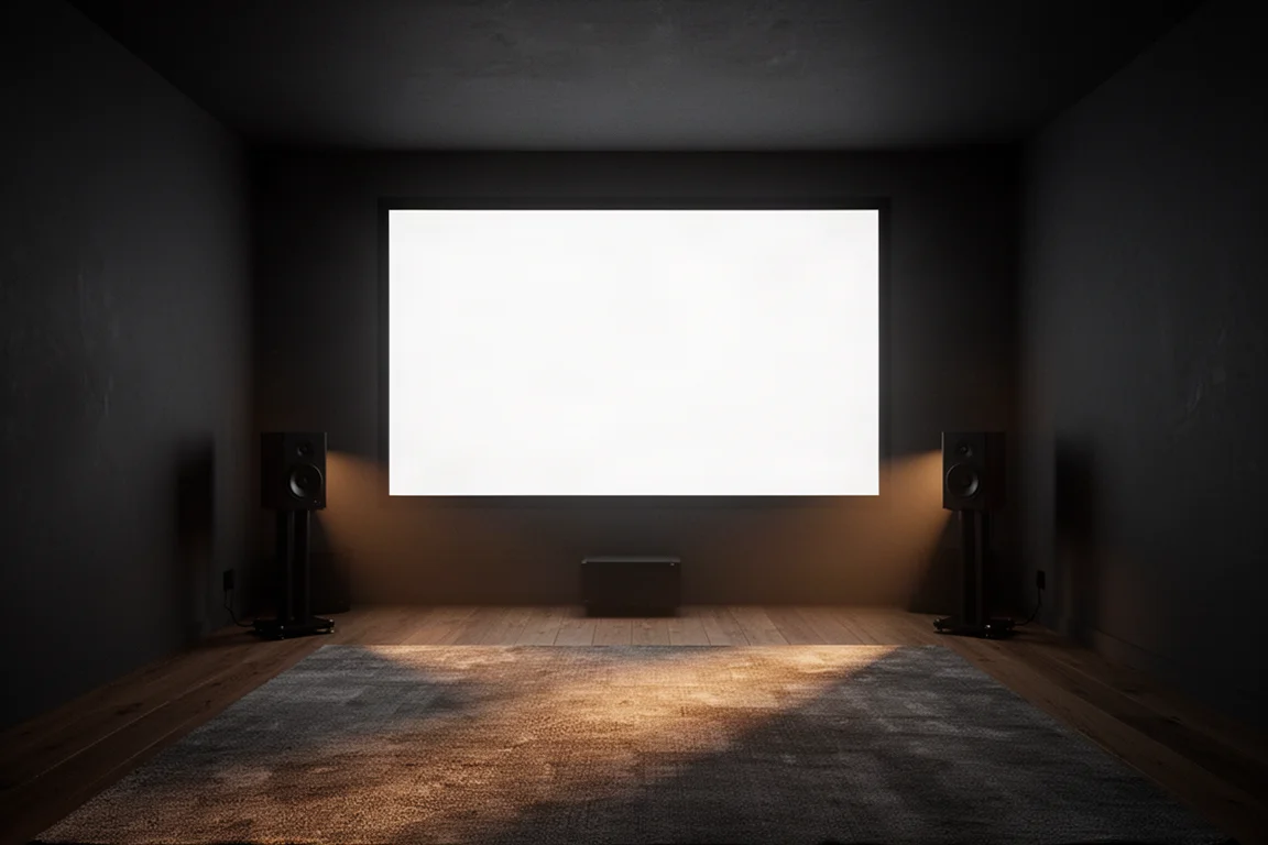 Ciemne domowe kino z poświatą ekranu i dwoma tylnymi głośnikami w sylwetce