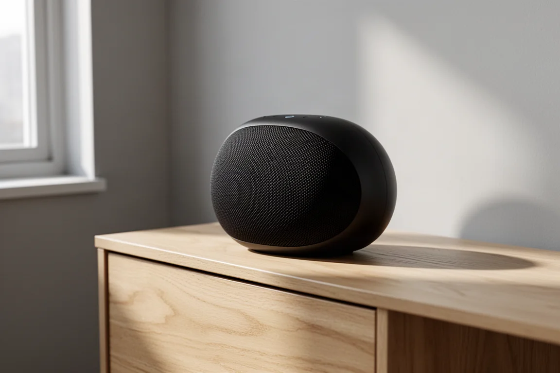 Compact black mesh-covered smart speaker on a pale oak sideboard in a minimalist living room