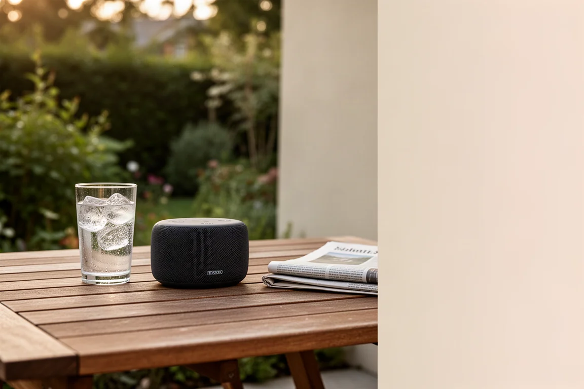 Portable wireless speaker on a wooden patio table with garden greenery blurred behind