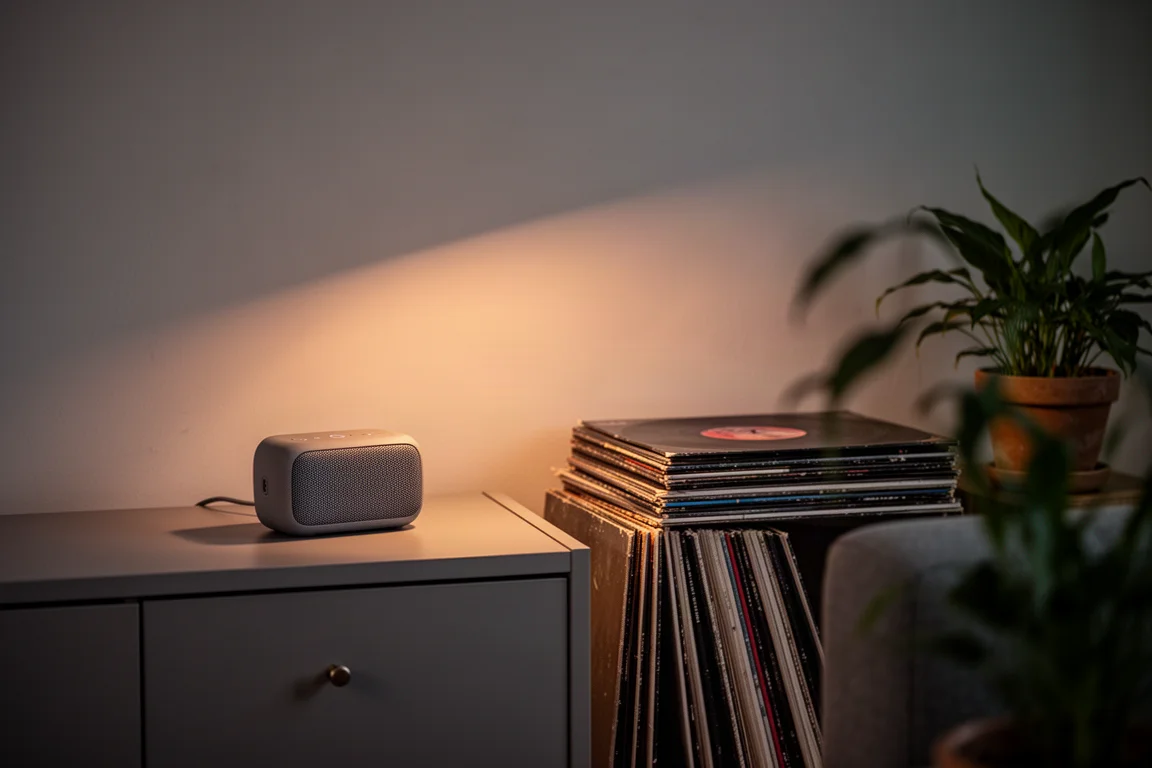 Small portable speaker on a living room sideboard in warm lamp light at dusk