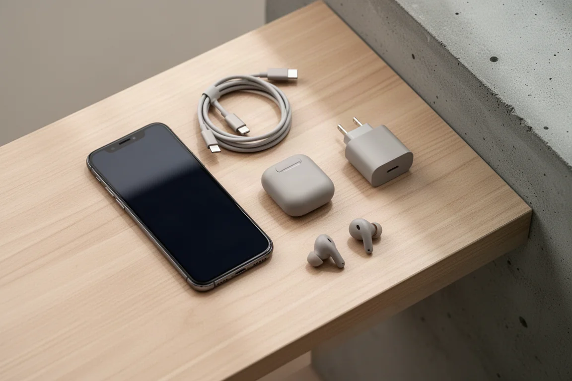 Overhead flat-lay of a desk with a smartphone, coiled USB-C cable and power adapter