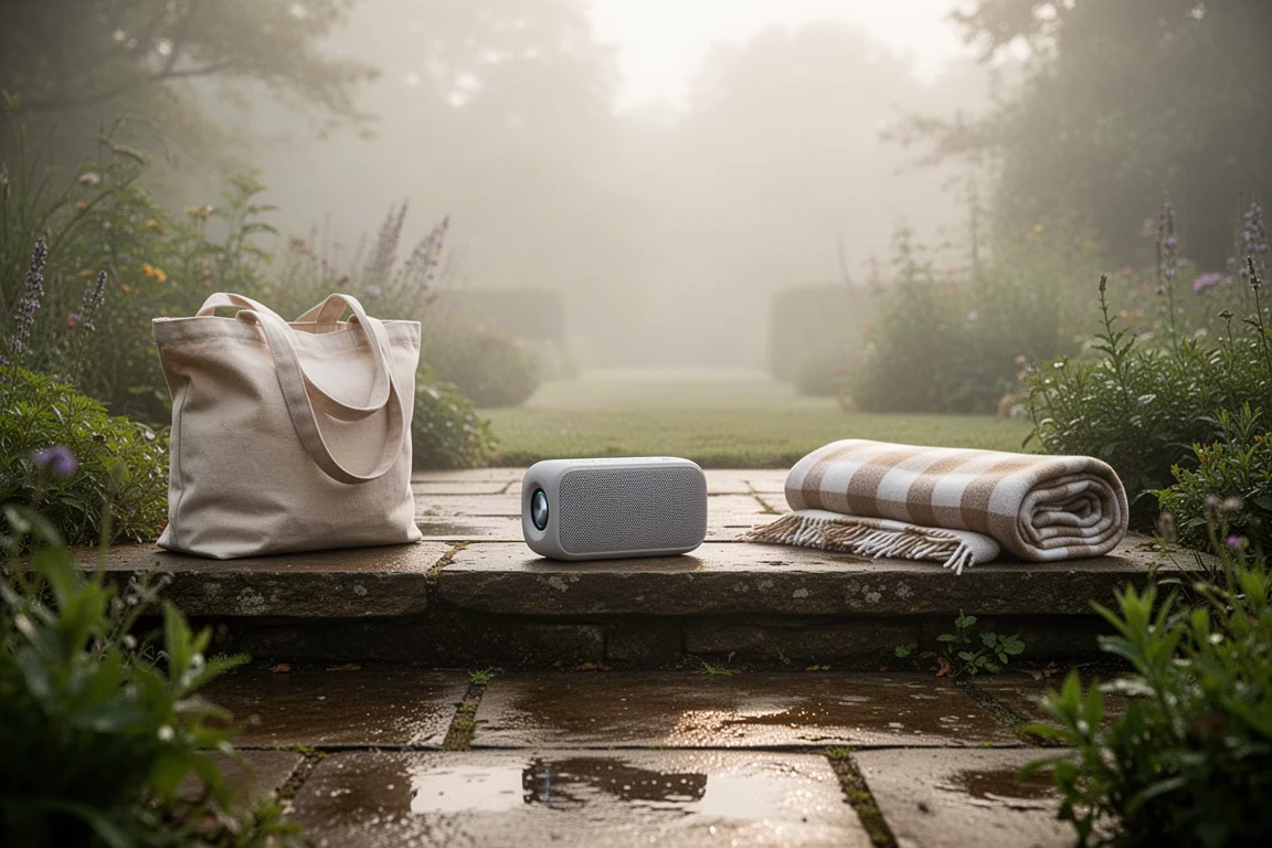 Portable speaker on a stone garden step with a canvas tote bag and picnic blanket