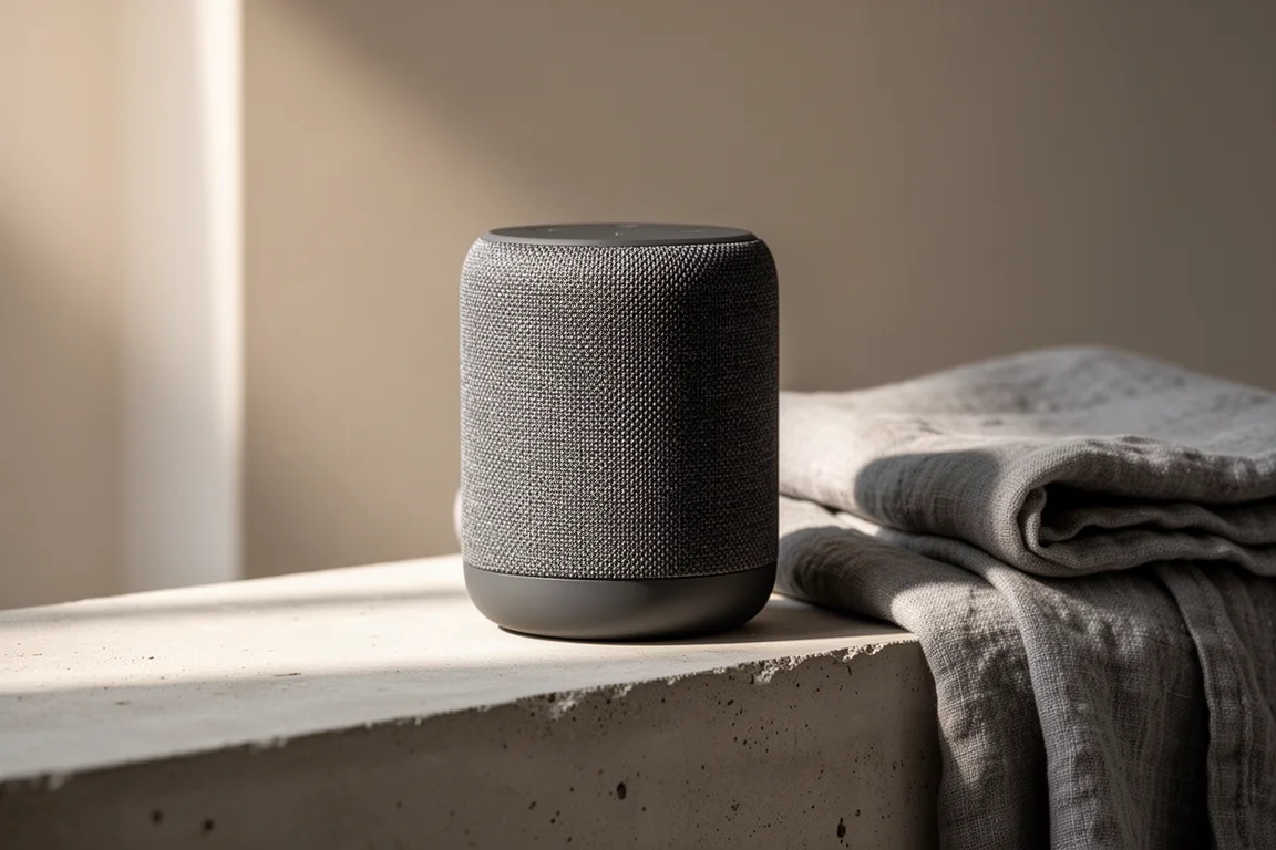 Portable cylindrical wireless speaker with matte fabric grille on a concrete ledge