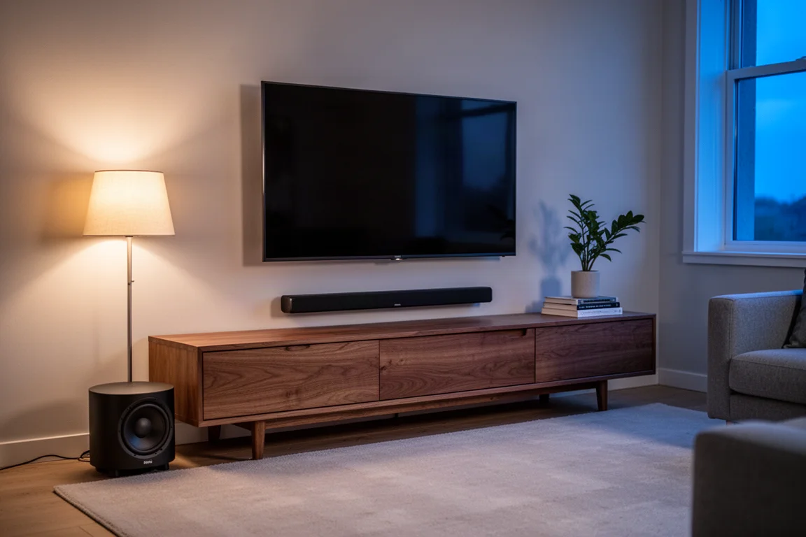 Modern living room with a slim soundbar and a compact subwoofer beside a wooden console