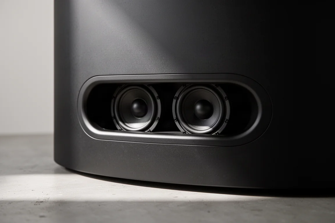 Close-up of opposed bass drivers visible through the oval slot of a matte black subwoofer