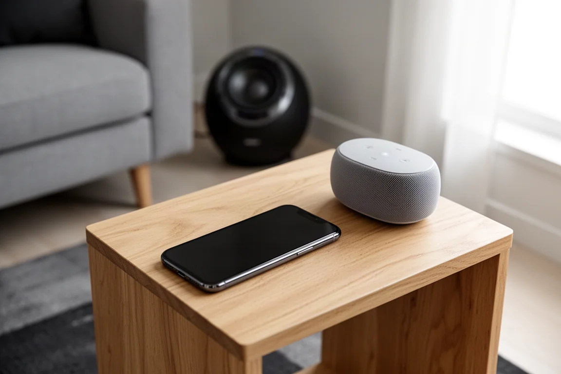 Phone resting on an oak side table with a compact subwoofer blurred in the background