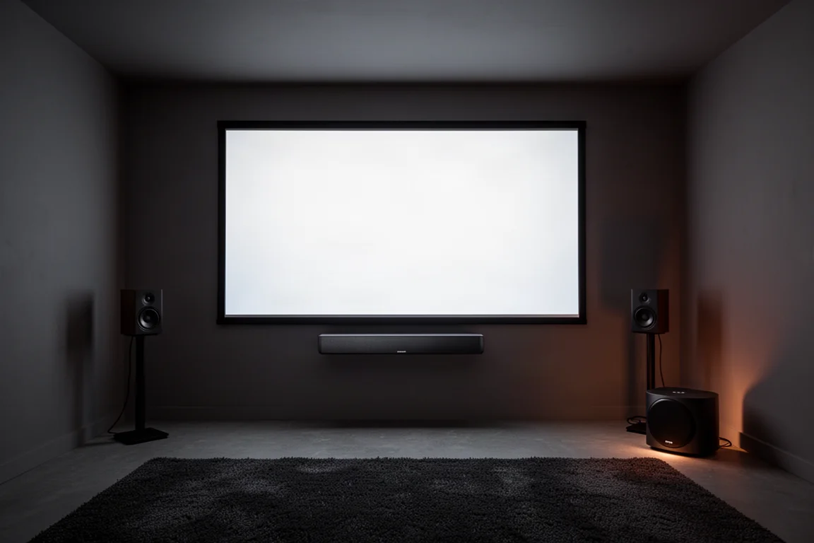 Dim home theater room with soundbar, speakers on stands, and a compact subwoofer