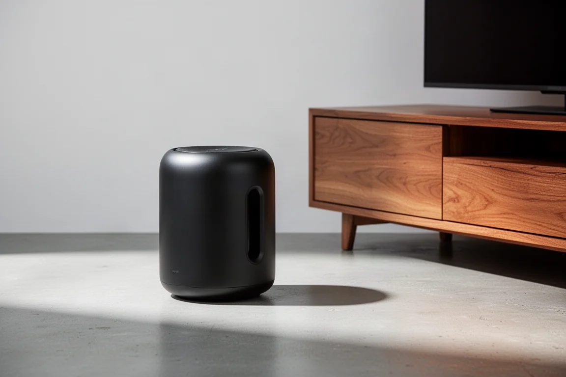 Compact matte black wireless subwoofer standing beside a low wooden media console