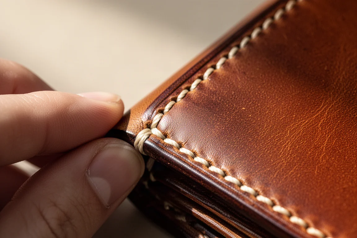 Close-up of hand saddle stitching along the edge of a brown leather wallet
