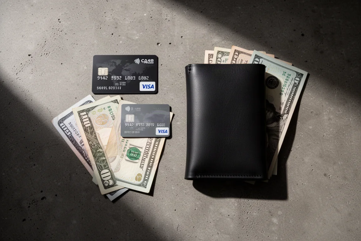 Leather cards and folded cash laid out flat on a dark tabletop