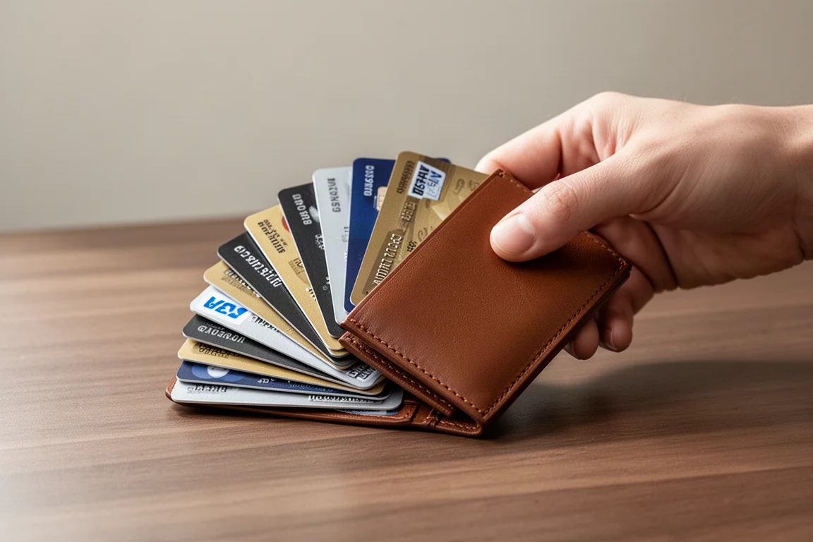 Hand fanning cards out of a slim leather wallet on a wooden desk