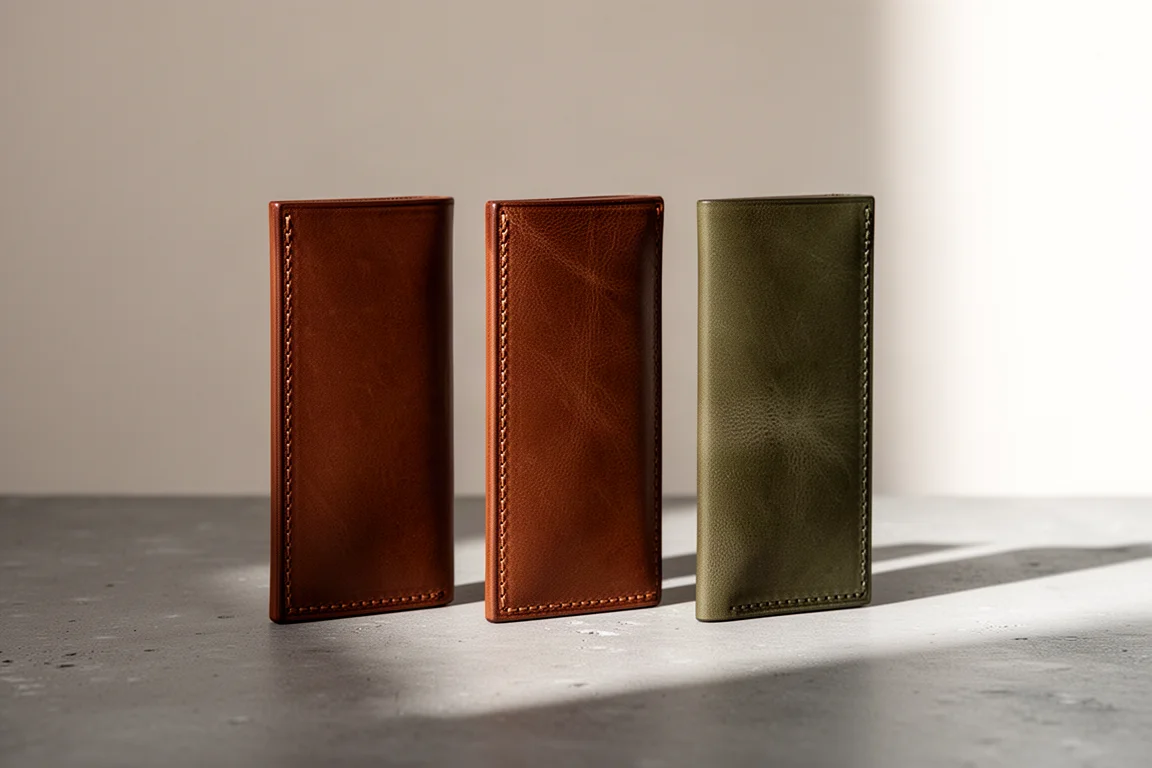 Three slim leather wallets standing in a row on a concrete surface