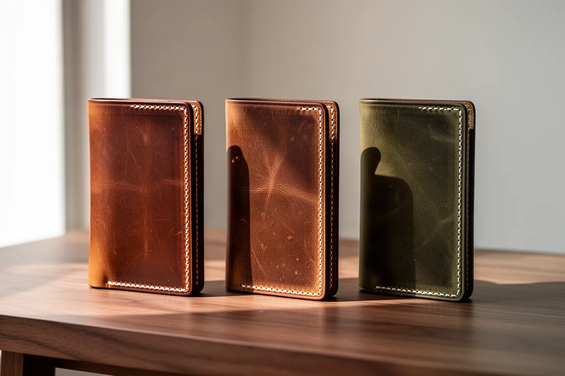 Three minimalist leather wallets side by side on a wooden surface