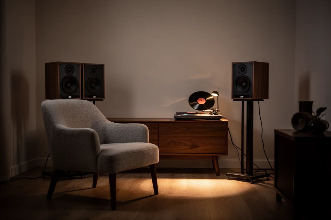 Pièce d'écoute faiblement éclairée la nuit, enceintes face à une chaise vide et platine vinyle en rotation