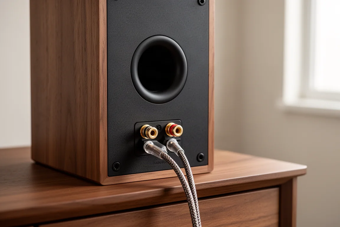 Arrière d'une enceinte compacte montrant un évent arrière et des bornes avec câble connecté