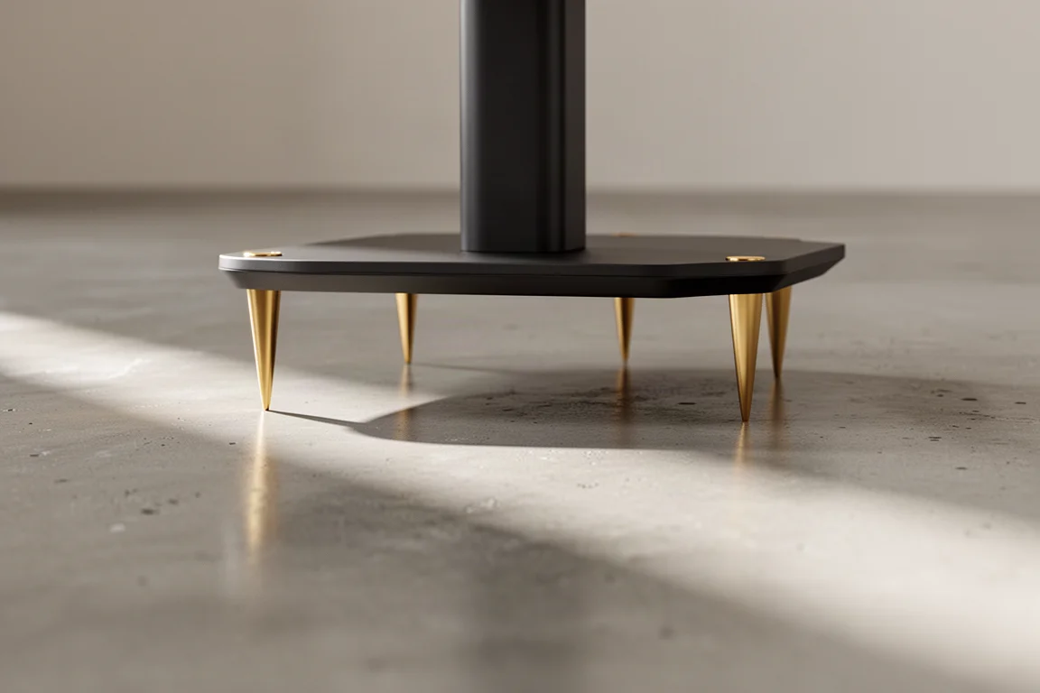 Pointes dorées sous un pied d'enceinte reposant sur un sol en béton poli