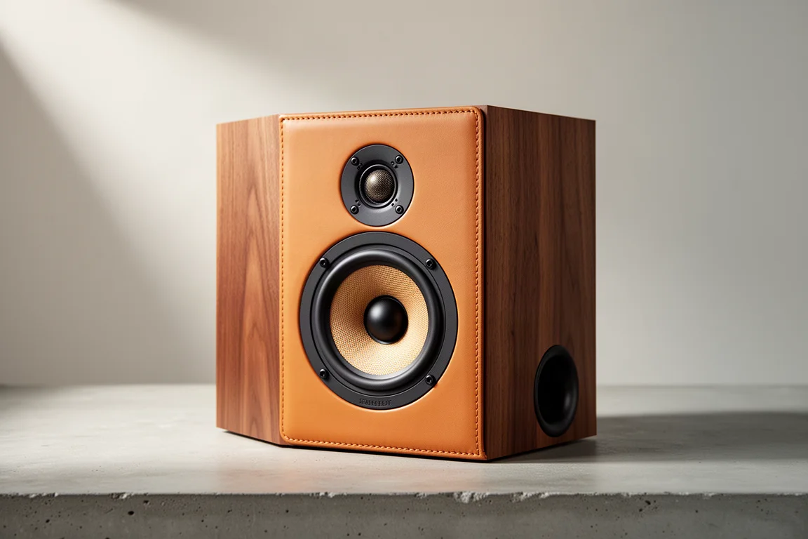 Compact bookshelf speaker with walnut side panels and tan leather baffle on concrete surface