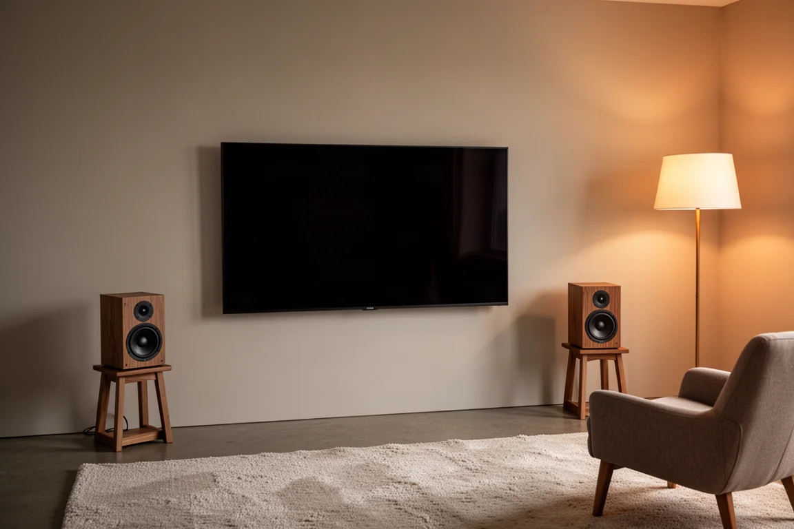 Zestaw stereo w salonie z głośnikami i subwooferem w ciepłym wieczornym świetle
