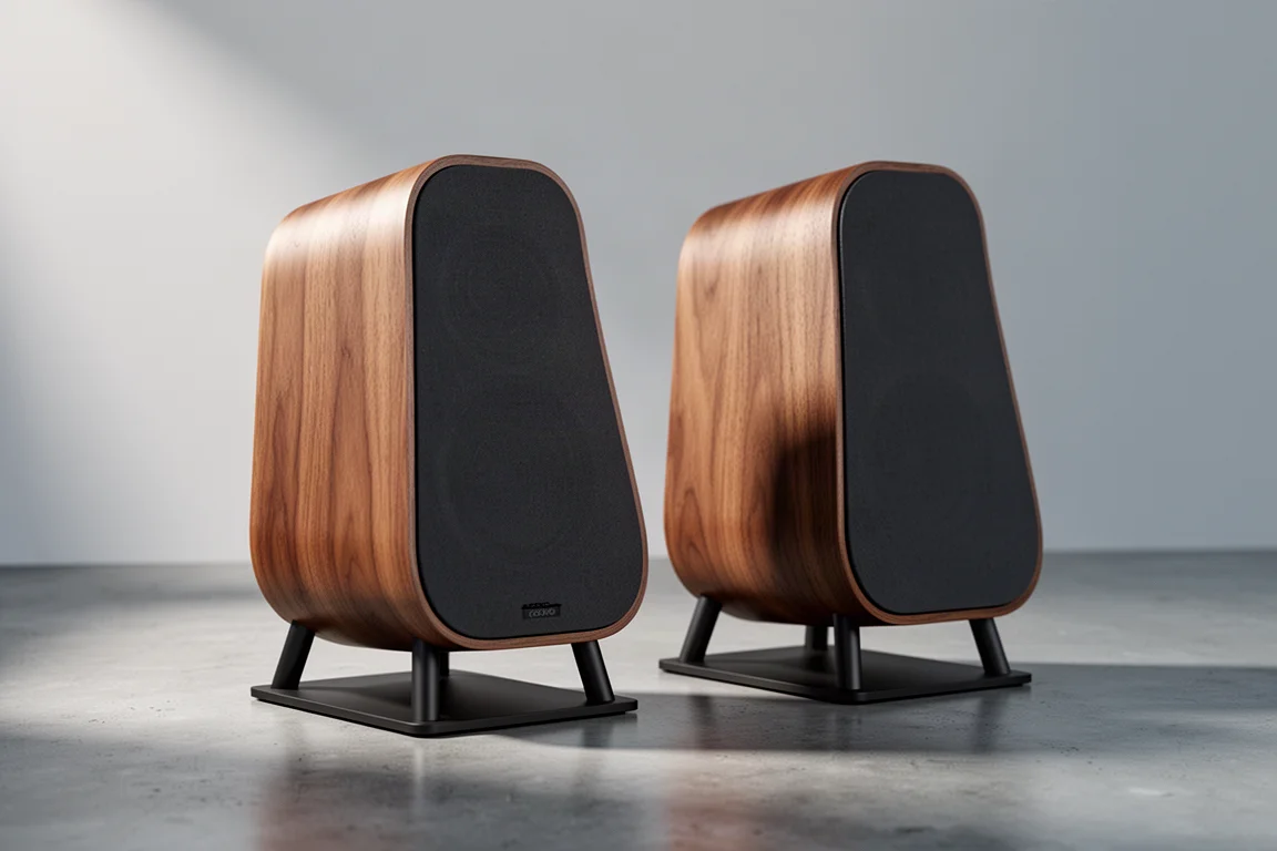 Pair of compact walnut veneer powered speakers on stands against a neutral backdrop