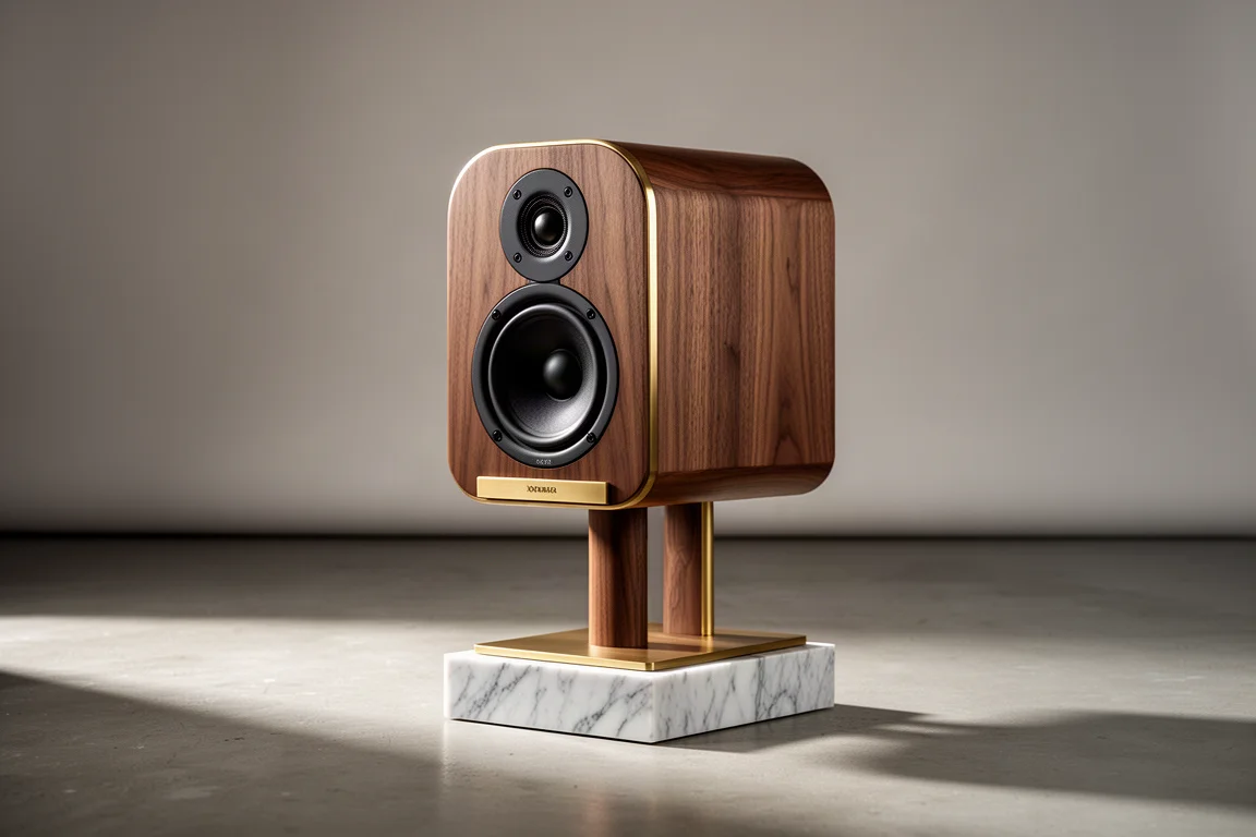 Compact stand-mounted walnut speaker with marble plinth and brass accents on a wooden stand