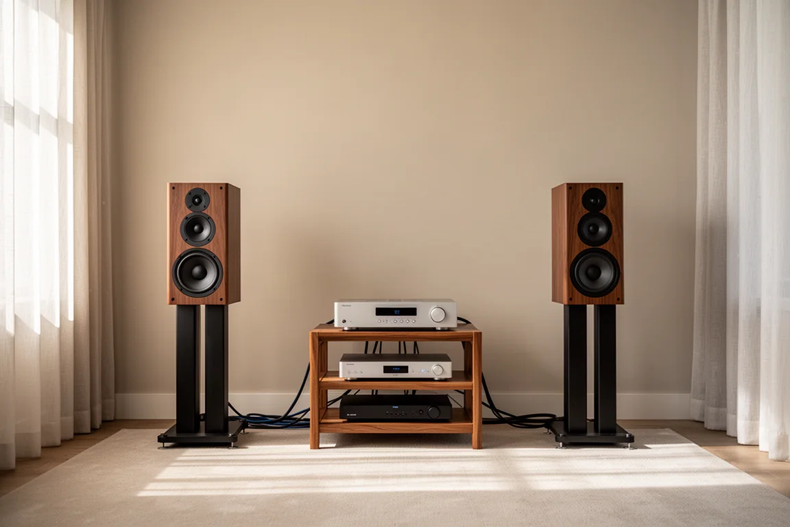 Sala d'ascolto con due diffusori da stand e elettroniche audio su un rack in legno