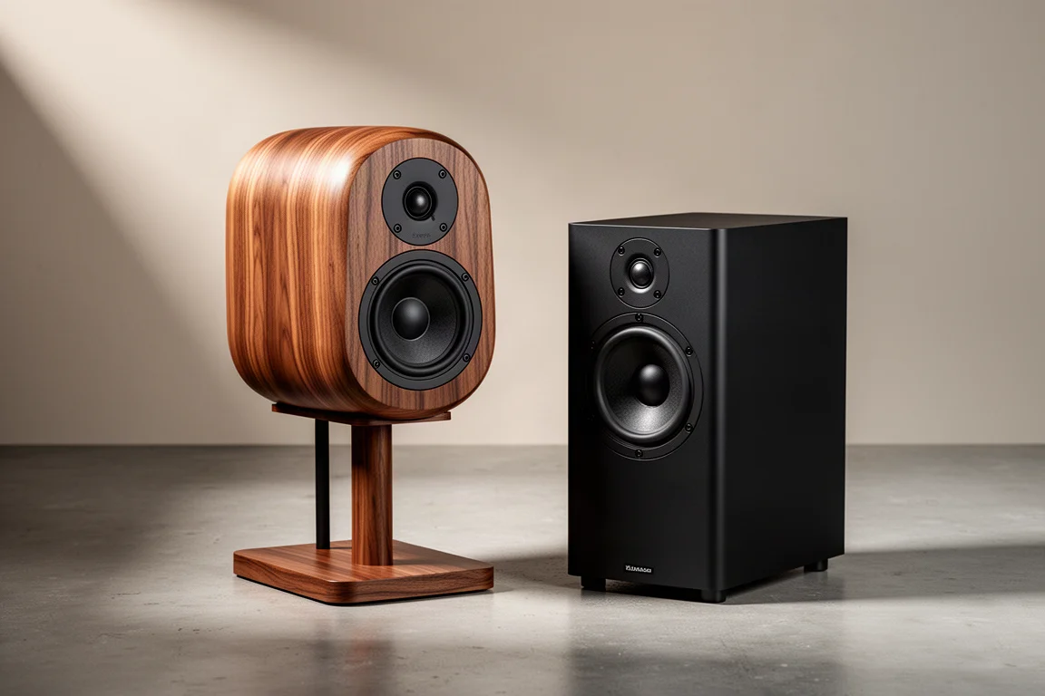 Premium wood-veneer standmount speaker beside a compact black kit speaker on concrete
