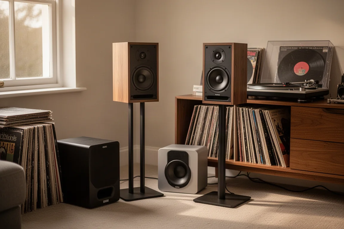 Boekenplankspeaker op een standaard naast een subwoofer in een kleine woonkamer