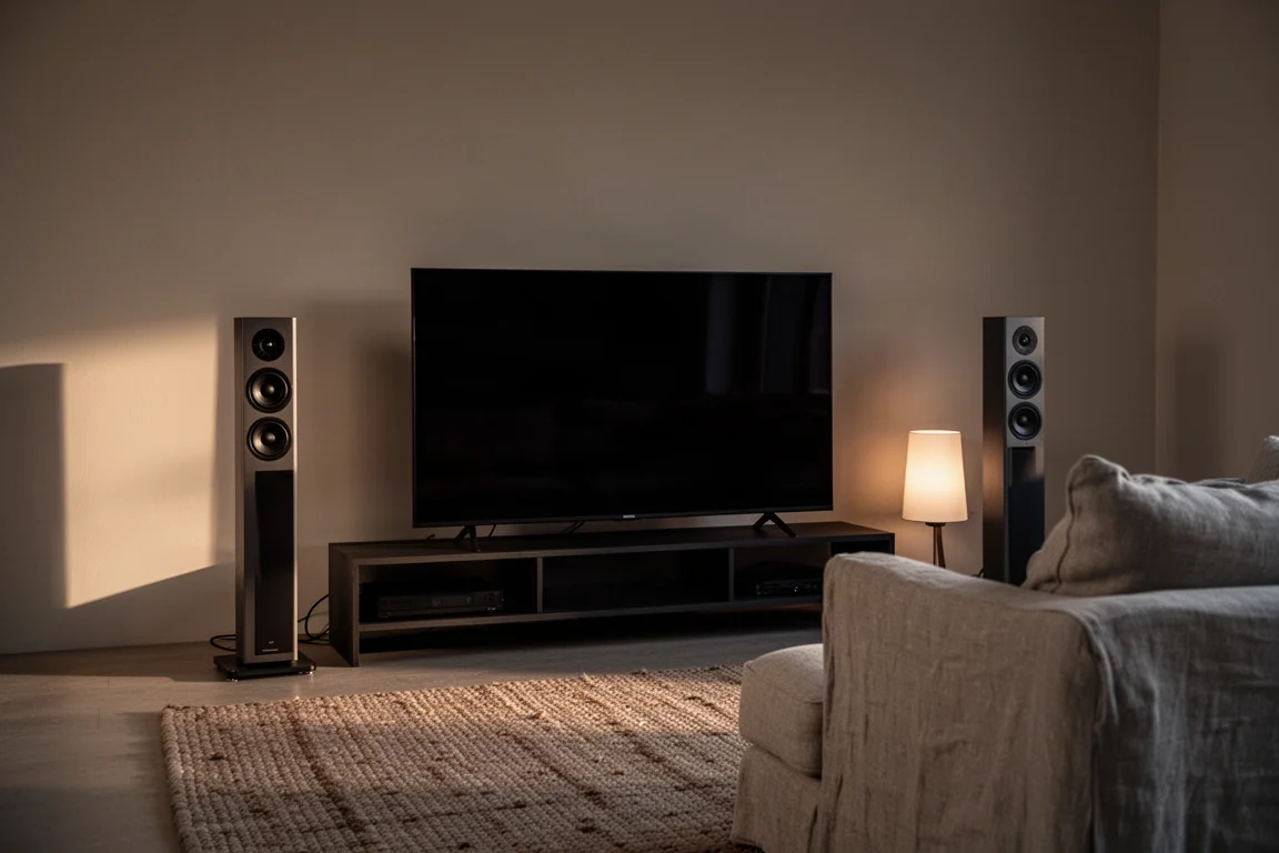 Twee vloerluidsprekers aan weerszijden van een uitgeschakelde televisie in de schemering