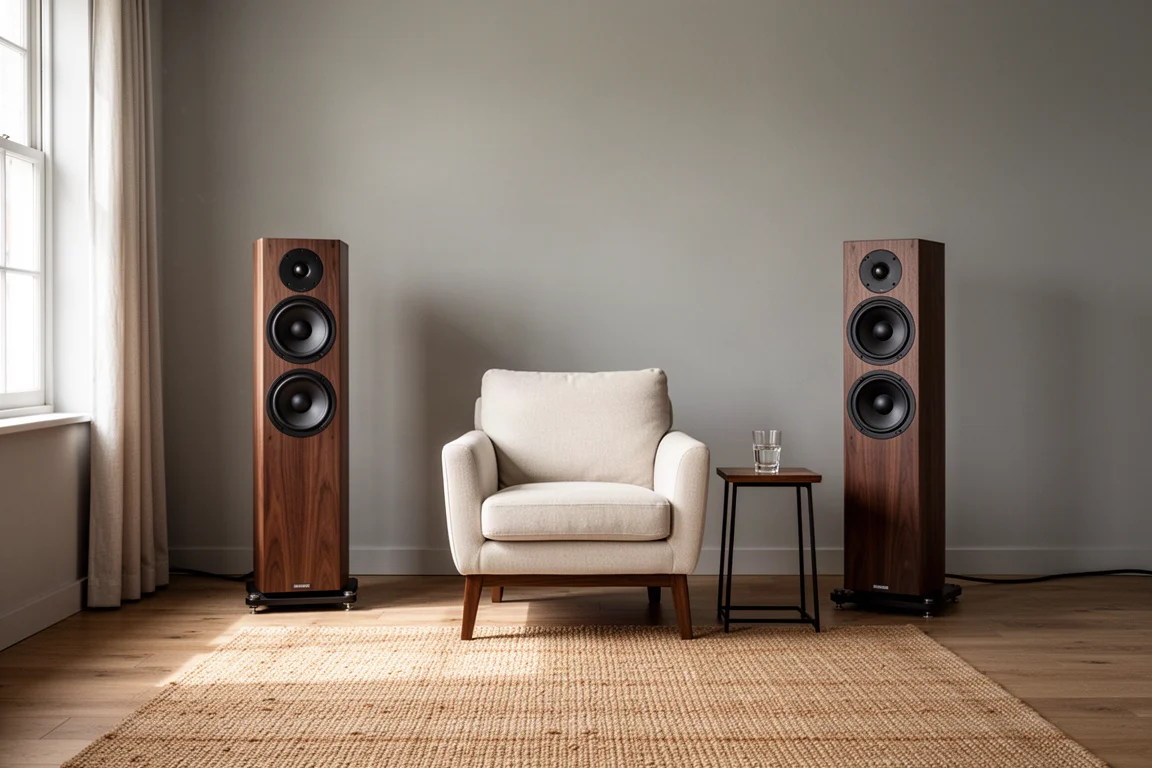 Fauteuil tussen twee hoge vloerluidsprekers in een stille luisterruimte