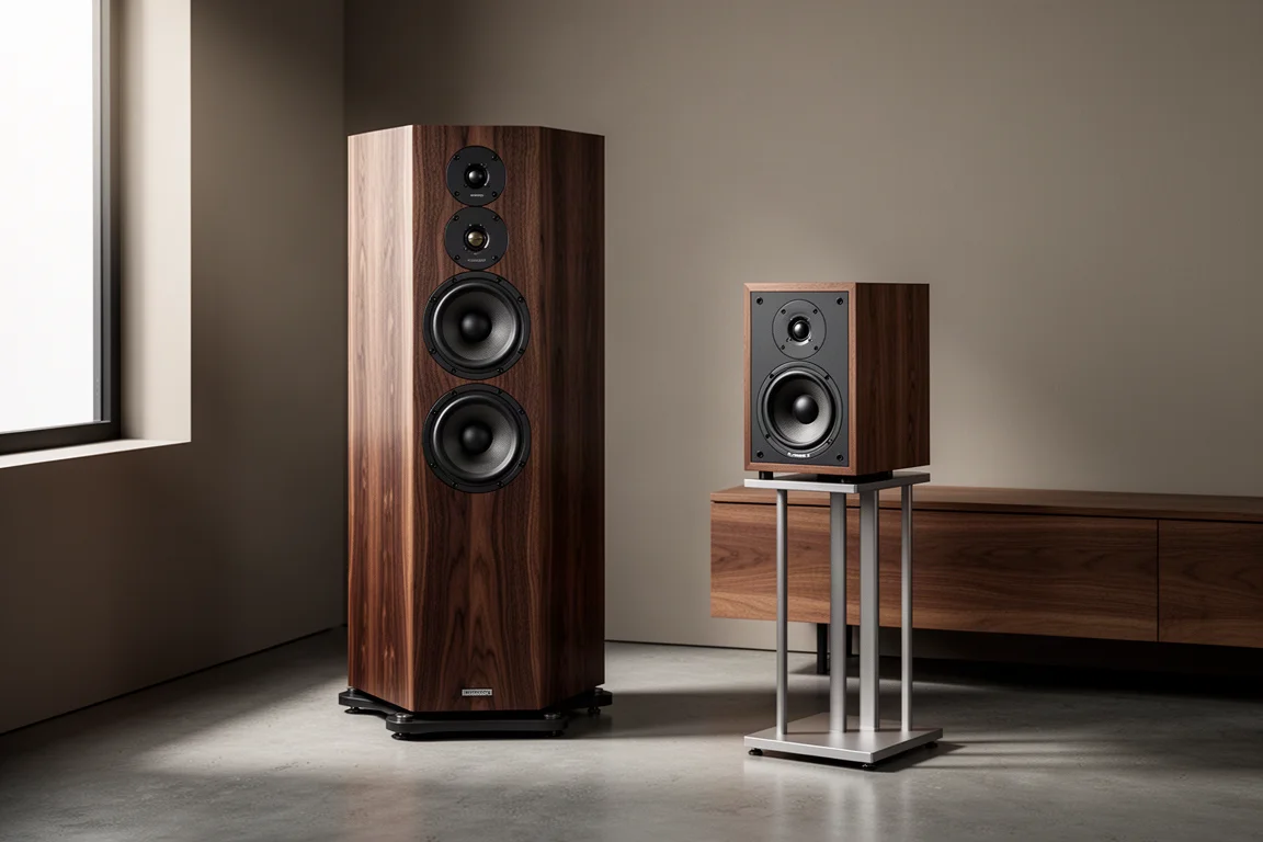 Floorstanding and bookshelf speakers side by side in a modern listening room