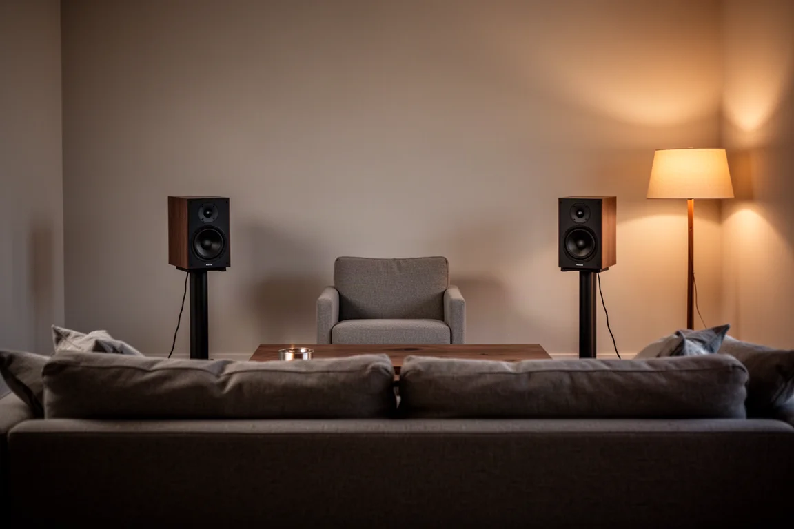 Installation d'écoute de salon vue depuis l'arrière d'un fauteuil avec des enceintes largement espacées