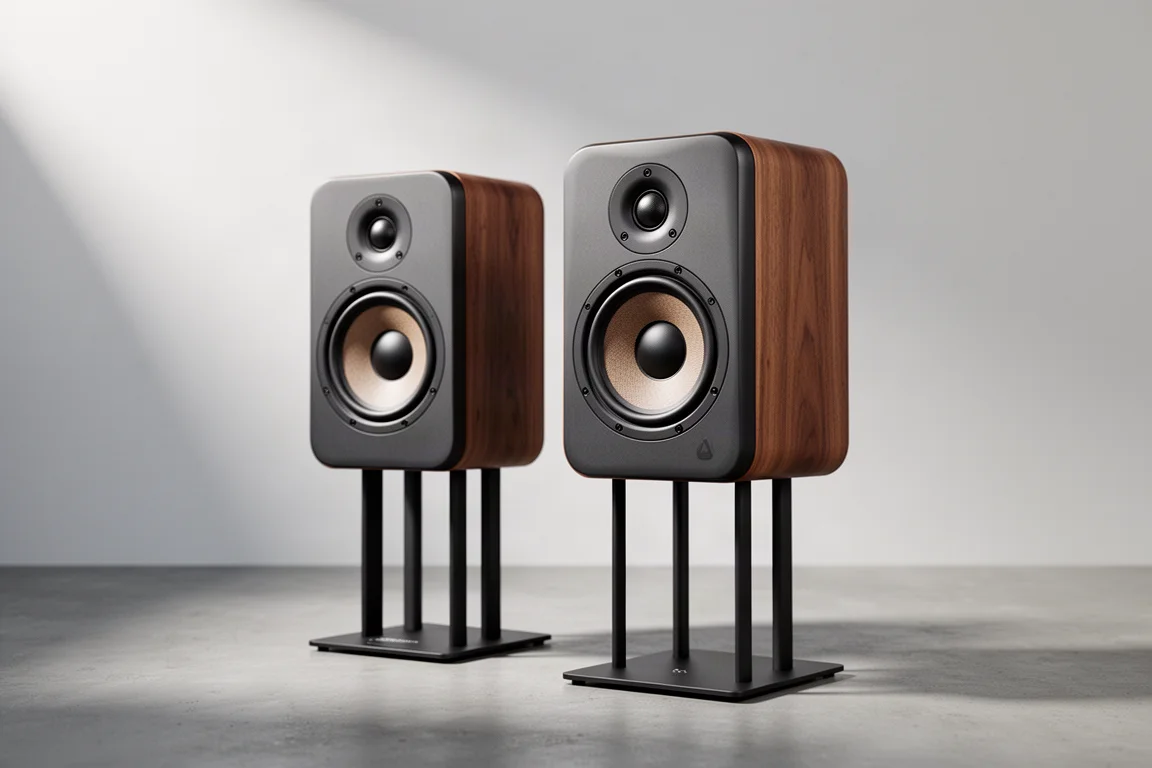 Pair of compact bookshelf speakers with glossy pale wood baffles on black stands