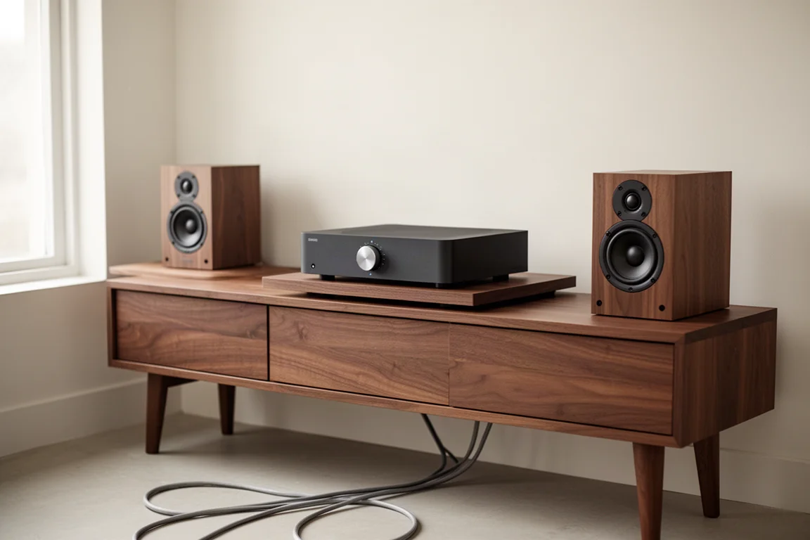 Minimalistyczny zestaw hi-fi z jednoczęściowym wzmacniaczem strumieniowym i małymi kolumnami