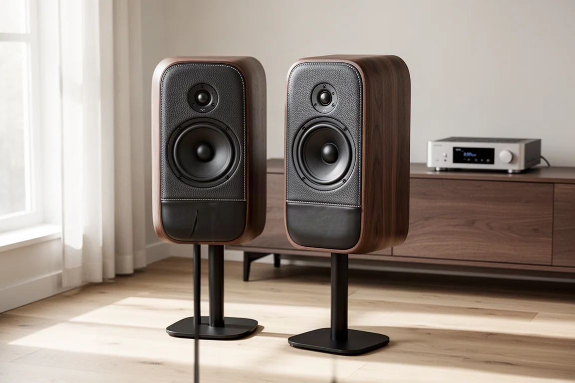 Pair of compact stand-mount loudspeakers on stands in a bright modern living room