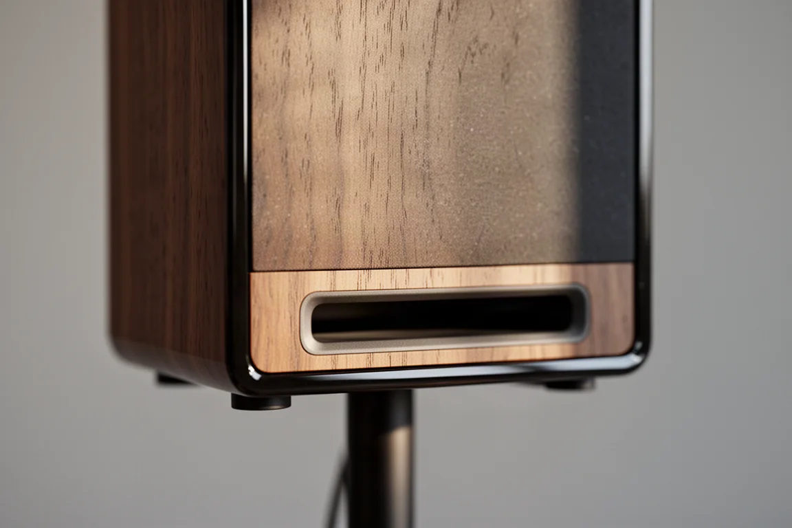 Primo piano del cabinet inferiore di un diffusore compatto con una sottile fessura per i bassi alla base