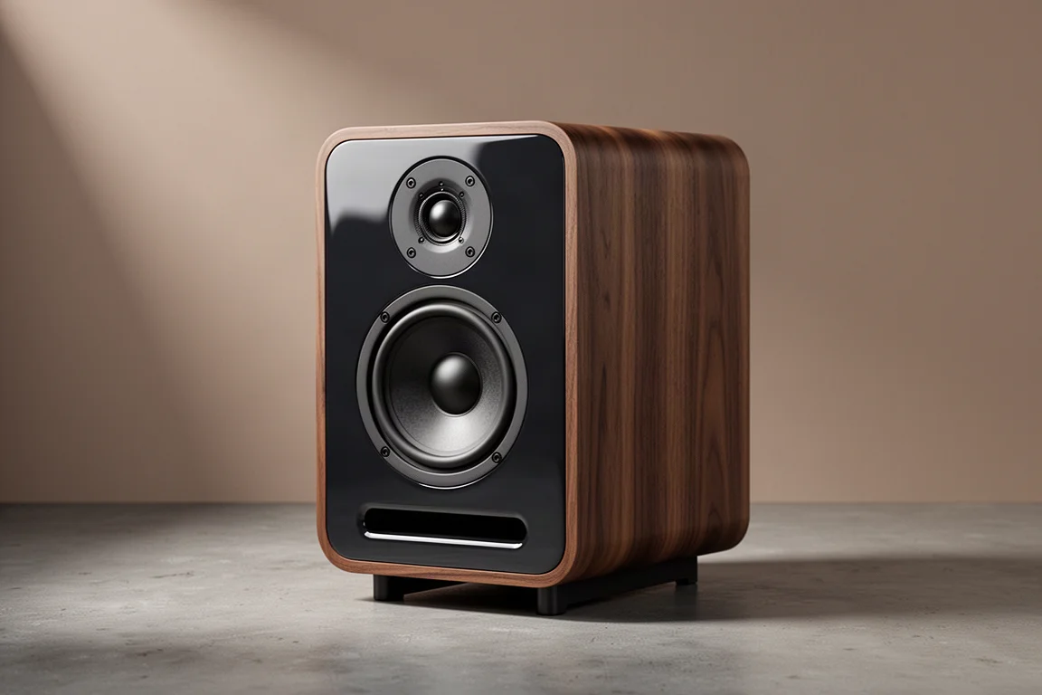 Compact bookshelf speaker with glossy dark front and wood-grain wrap on a low stand