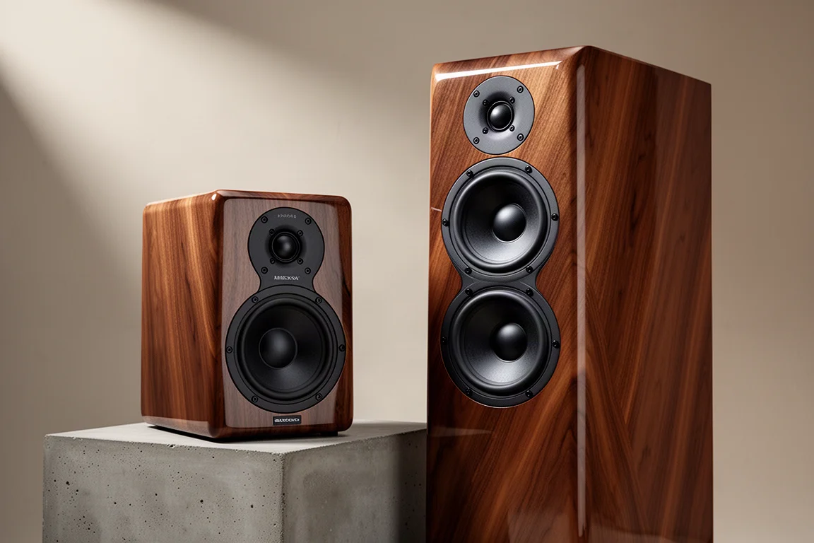Compact bookshelf speaker and tall floorstanding speaker in glossy wood veneer side by side