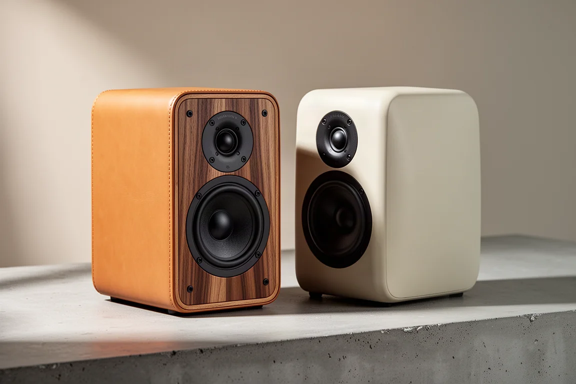 Two standmount speakers side by side, one leather-wrapped with a wood baffle, one with a curved matte front