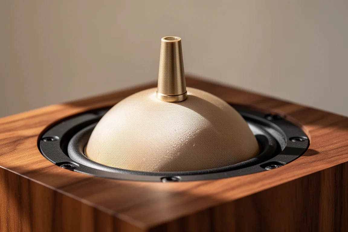 Close-up of a silk dome tweeter with a small damped apex assembly on a walnut baffle