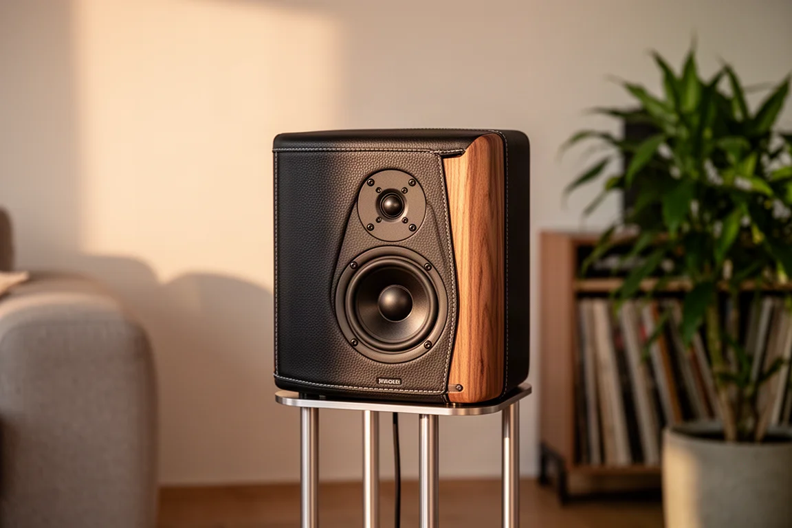 Compact bookshelf speaker on a stand in a softly lit living room away from the walls