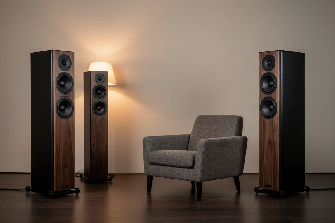 Two slim floorstanding speakers facing a single armchair in a dim listening room